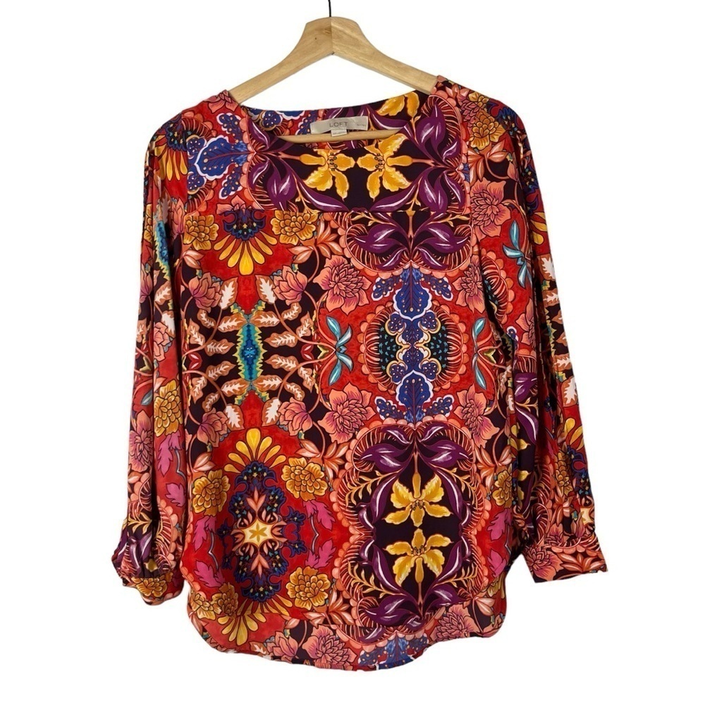 Ann Taylor LOFT Petites Red Colorful Floral Long Sleeve Blouse XSP